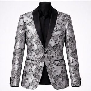 Suslo Couture Mens Silver Black Smoking Jacket Blazer Lapels Floral XS